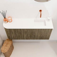 JOYA 91,6cm toiletmeubel ronding links kleur Dusk. Wastafel FAYE positie Rechts Zonder kraangat kleur Talc.