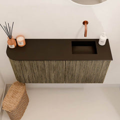 JOYA 91,6cm toiletmeubel ronding links kleur Dusk. Wastafel FAYE positie Rechts Zonder kraangat kleur Urban.