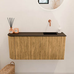 JOYA 91,6cm toiletmeubel ronding links kleur Oak. Wastafel FAYE positie Rechts Zonder kraangat kleur Urban.