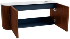 JOYA 91,6cm toiletmeubel ronding links kleur Ruby. Wastafel FAYE positie Rechts Zonder kraangat kleur Talc.