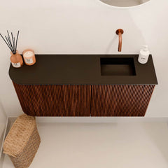 JOYA 91,6cm toiletmeubel ronding links kleur Ruby. Wastafel FAYE positie Rechts Zonder kraangat kleur Urban.