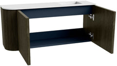 JOYA 91,6cm toiletmeubel ronding links kleur Shadow. Wastafel FAYE positie Rechts Zonder kraangat kleur Talc.