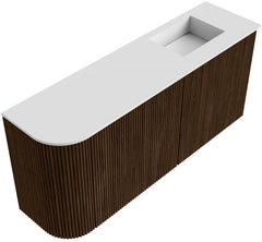 JOYA 91,6cm toiletmeubel ronding links kleur Walnut. Wastafel FAYE positie Rechts Zonder kraangat kleur Talc.