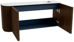 JOYA 91,6cm toiletmeubel ronding links kleur Walnut. Wastafel FAYE positie Rechts Zonder kraangat kleur Talc.