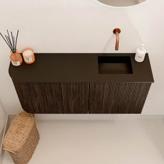 JOYA 91,6cm toiletmeubel ronding links kleur Walnut. Wastafel FAYE positie Rechts Zonder kraangat kleur Urban.