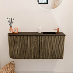 JOYA 91,6cm toiletmeubel ronding links kleur Dusk. Wastafel FAYE positie Rechts 1 kraangat kleur Urban.