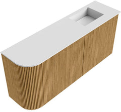 JOYA 91,6cm toiletmeubel ronding links kleur Oak. Wastafel FAYE positie Rechts 1 kraangat kleur Talc.