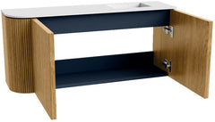 JOYA 91,6cm toiletmeubel ronding links kleur Oak. Wastafel FAYE positie Rechts 1 kraangat kleur Talc.