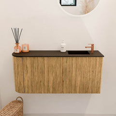 JOYA 91,6cm toiletmeubel ronding links kleur Oak. Wastafel FAYE positie Rechts 1 kraangat kleur Urban.