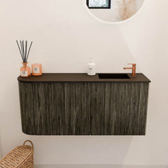 JOYA 91,6cm toiletmeubel ronding links kleur Shadow. Wastafel FAYE positie Rechts 1 kraangat kleur Urban.