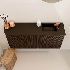 JOYA 91,6cm toiletmeubel ronding links kleur Walnut. Wastafel FAYE positie Rechts 1 kraangat kleur Urban.