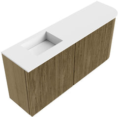 JOYA 91,6cm toiletmeubel ronding rechts kleur Dusk. Wastafel FAYE positie Links Zonder kraangat kleur Talc.