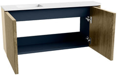 JOYA 91,6cm toiletmeubel ronding rechts kleur Dusk. Wastafel FAYE positie Links Zonder kraangat kleur Talc.