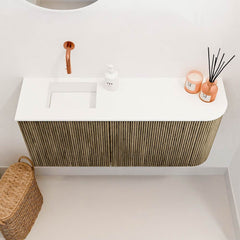 JOYA 91,6cm toiletmeubel ronding rechts kleur Dusk. Wastafel FAYE positie Links Zonder kraangat kleur Talc.