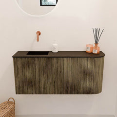 JOYA 91,6cm toiletmeubel ronding rechts kleur Dusk. Wastafel FAYE positie Links Zonder kraangat kleur Urban.