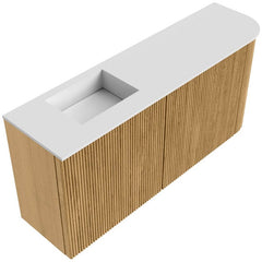 JOYA 91,6cm toiletmeubel ronding rechts kleur Oak. Wastafel FAYE positie Links Zonder kraangat kleur Talc.