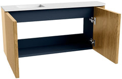 JOYA 91,6cm toiletmeubel ronding rechts kleur Oak. Wastafel FAYE positie Links Zonder kraangat kleur Talc.