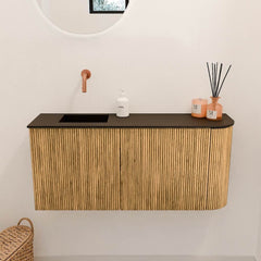 JOYA 91,6cm toiletmeubel ronding rechts kleur Oak. Wastafel FAYE positie Links Zonder kraangat kleur Urban.