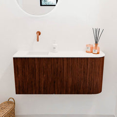 JOYA 91,6cm toiletmeubel ronding rechts kleur Ruby. Wastafel FAYE positie Links Zonder kraangat kleur Talc.