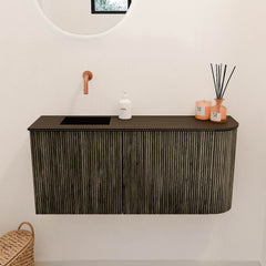 JOYA 91,6cm toiletmeubel ronding rechts kleur Shadow. Wastafel FAYE positie Links Zonder kraangat kleur Urban.