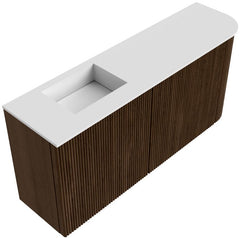 JOYA 91,6cm toiletmeubel ronding rechts kleur Walnut. Wastafel FAYE positie Links Zonder kraangat kleur Talc.