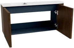 JOYA 91,6cm toiletmeubel ronding rechts kleur Walnut. Wastafel FAYE positie Links Zonder kraangat kleur Talc.