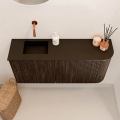 JOYA 91,6cm toiletmeubel ronding rechts kleur Walnut. Wastafel FAYE positie Links Zonder kraangat kleur Urban.