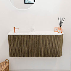 JOYA 91,6cm toiletmeubel ronding rechts kleur Dusk. Wastafel FAYE positie Links 1 kraangat kleur Talc.