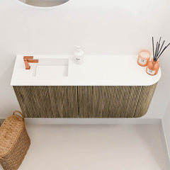 JOYA 91,6cm toiletmeubel ronding rechts kleur Dusk. Wastafel FAYE positie Links 1 kraangat kleur Talc.