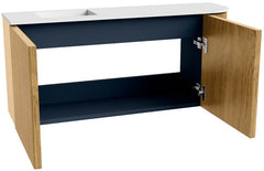 JOYA 91,6cm toiletmeubel ronding rechts kleur Oak. Wastafel FAYE positie Links 1 kraangat kleur Talc.