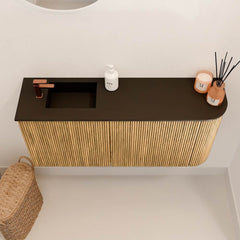 JOYA 91,6cm toiletmeubel ronding rechts kleur Oak. Wastafel FAYE positie Links 1 kraangat kleur Urban.