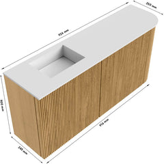 JOYA 91,6cm toiletmeubel ronding rechts kleur Walnut. Wastafel FAYE positie Links 1 kraangat kleur Talc.