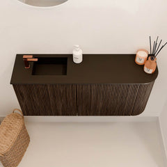 JOYA 91,6cm toiletmeubel ronding rechts kleur Walnut. Wastafel FAYE positie Links 1 kraangat kleur Urban.