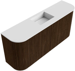 JOYA 93,2cm toiletmeubel ronding links + rechts kleur Walnut. Wastafel FAYE positie Midden Zonder kraangat kleur Talc.