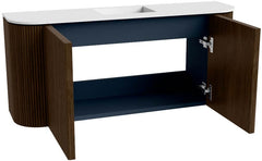 JOYA 93,2cm toiletmeubel ronding links + rechts kleur Walnut. Wastafel FAYE positie Midden Zonder kraangat kleur Talc.