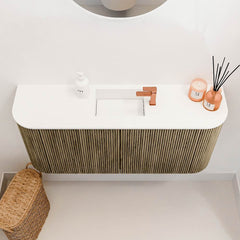 JOYA 93,2cm toiletmeubel ronding links + rechts kleur Dusk. Wastafel FAYE positie Midden 1 kraangat kleur Talc.