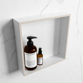 MONDIAZ EASY Niche 29.5x29.5cm in solid surface color Linen | Talc. 1 compartment suitable for recessed or surface mounting