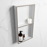 MONDIAZ EASY Niche 59.5x29.5cm in solid surface colour Smoke | Talc. 2 compartments suitable for recess or surface mounting