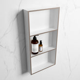 MONDIAZ EASY Niche 59.5x29.5cm in solid surface colour Smoke | Talc. 3 compartments suitable for recessing or surface mounting