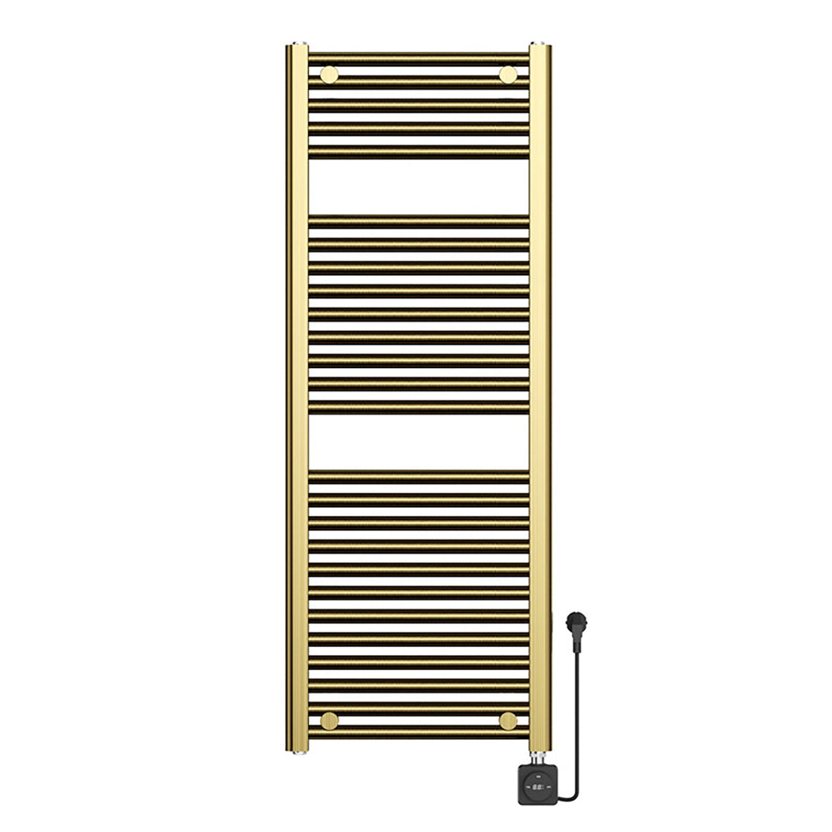 Slanke designradiator in geborsteld messing in een luxe badkamer naast de wastafel