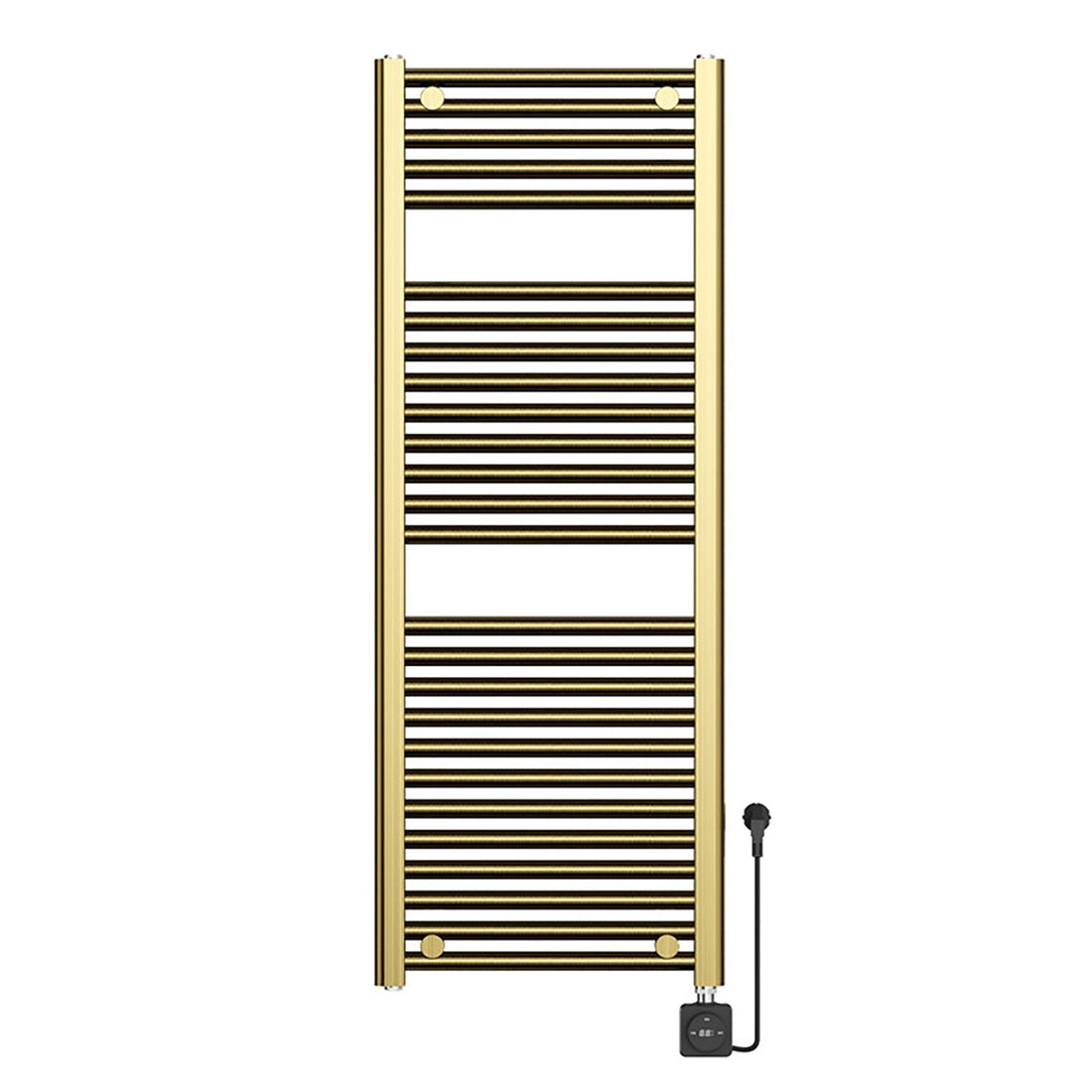 Slanke designradiator in messing als aanvulling op vloerverwarming in een luxe badkamer
