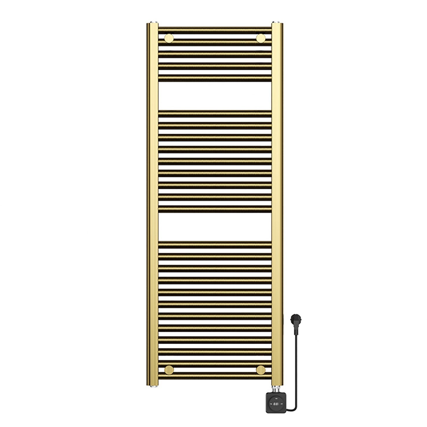 Slanke designradiator in messing als aanvulling op vloerverwarming in een luxe badkamer