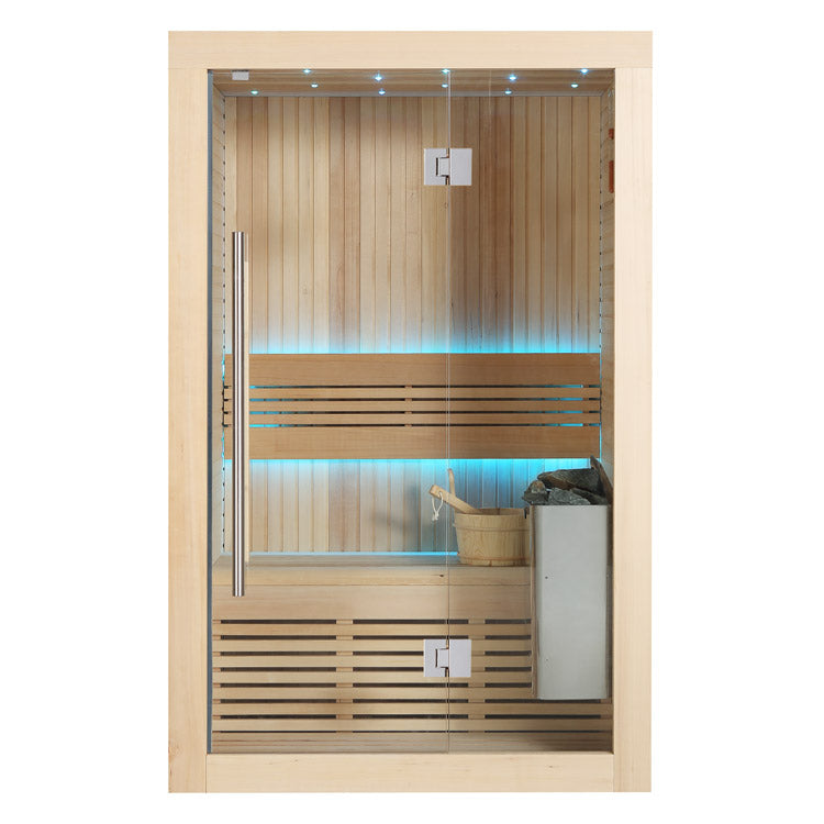 Compacte Finse sauna van AWT in hemlockhout met glazen front, geschikt voor een sauna in de badkamer