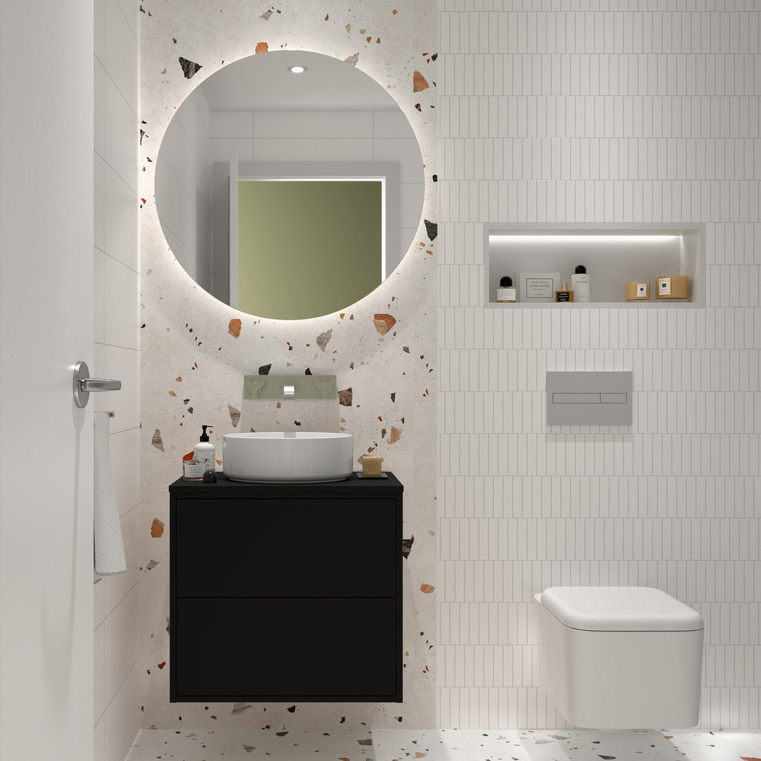 Strak mat zwart badmeubel in een gerenoveerde luxe badkamer als voorbeeld voor wie een badkamer wil renoveren