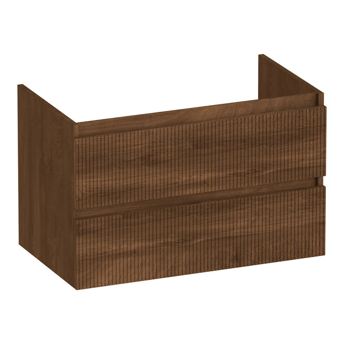 Badmeubel met ribbelfront in warm donker hout, een van de badkamertrends 2027