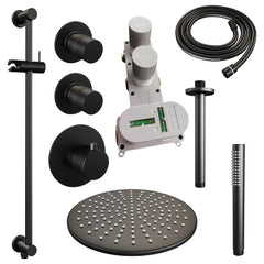 BRAUER Black Edition thermostatische inbouw regendouche SET 18 met 30 cm douchekop en plafondarm en staaf handdouche en doucheslang en geïntegreerde glijstang mat zwart