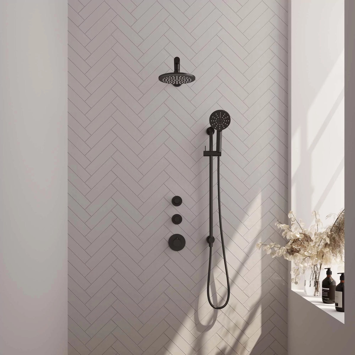 BRAUER Black Edition thermostatische inbouw regendouche SET 19 met 20 cm douchekop en rechte muurarm en 3-standen handdouche en doucheslang en geïntegreerde glijstang mat zwart