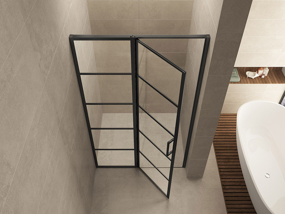 Horizon niche door with fixed panel and grid 1400 x 2000 x 8mm nano clear glass/matte black
