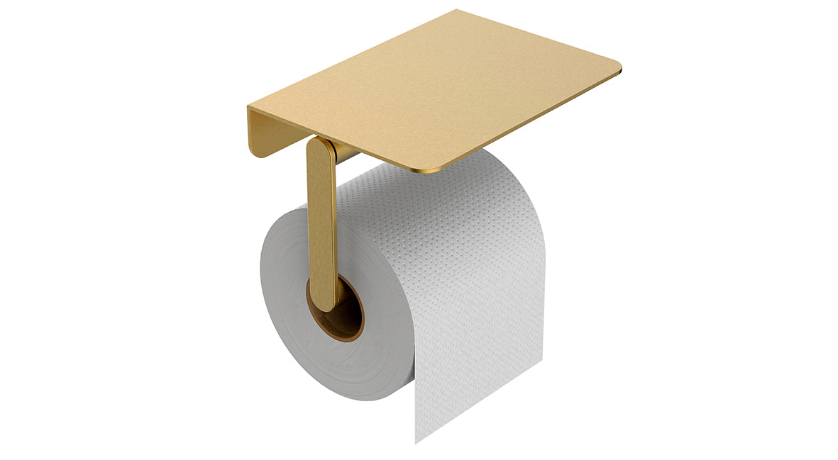 Alonzo toilet roll holder with shelf brushed brass PVD