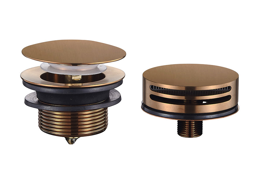 Caral built-in part round bath drain with overflow and fill function brushed bronze copper PVD